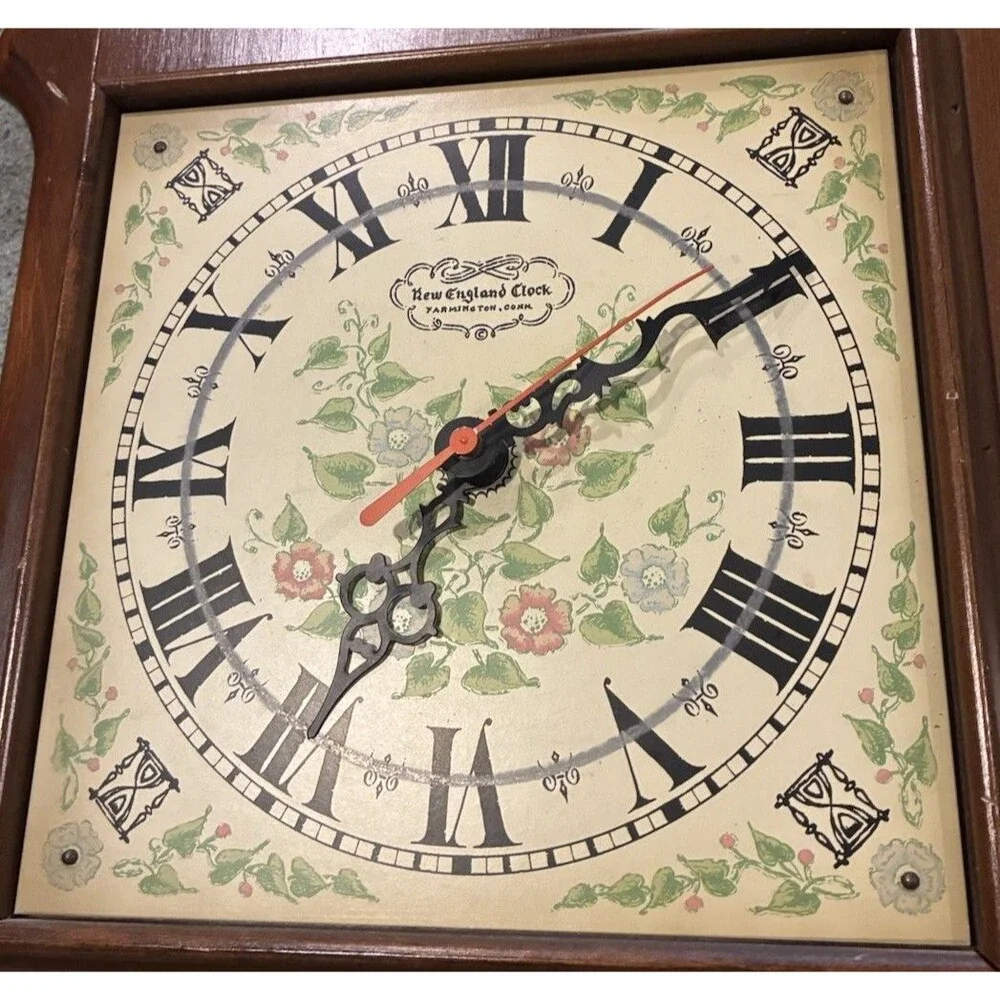 Vintage New England Clock Company Hanging Wall Clock, Roman Floral